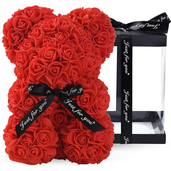 Peluche de rosa artificial de 10 pulgadas con caja de regalo transparente, flores rosas, decoración del hogar, decoración de boda para el Día de San Valentín, aniversario