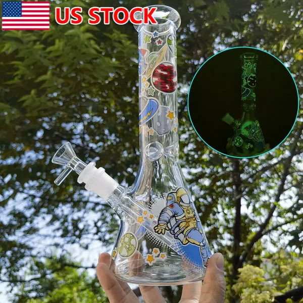 10 pulgadas brillan en la oscuridad Hookah Glass Water Pipe Bong Astronauta Impreso Elementos de aviación con tazones de 14 mm