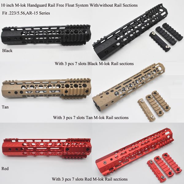 10 '' pulgadas M-lok Handguard Rail Picatinny Free Float Mount System con / sin 3 piezas Mlok Rail Section_Negro / Rojo / Tostado Colores