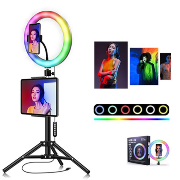 Anneau lumineux RVB de 10 pouces avec trépied, clip de téléphone, éclairage de photographie coloré pour selfie, support de téléphone portable en direct, vidéo courte TikTok Vlogging