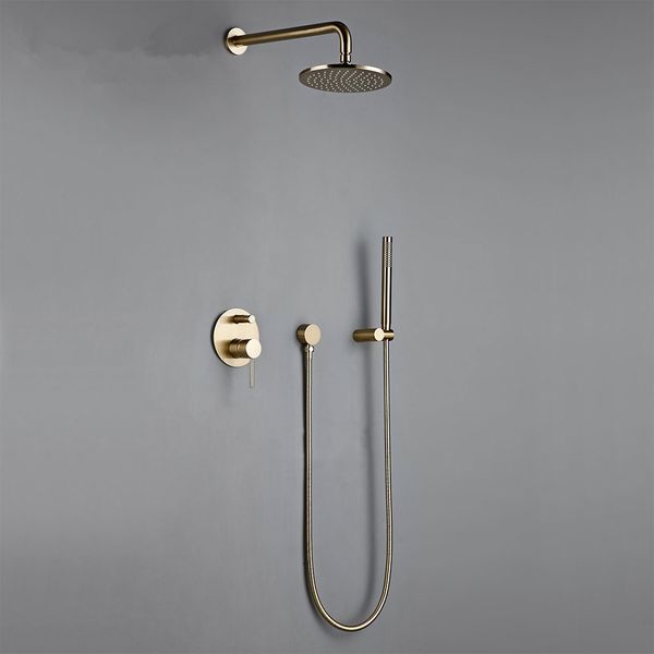 Cabezal de ducha de baño de oro cepillado de latón macizo de 10 pulgadas, grifo combinado de lujo Rianfall, juego de desviador mezclador de brazo de montaje en pared