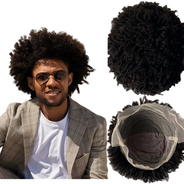 10 pouces 6 mm crépus bouclés brésiliens vierges de remplacement de cheveux humains couleur noire naturelle pleine perruque de dentelle pour les hommes noirs