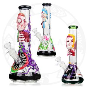 10 inch glazen Pijpen Dab rig Rook waterpijp Waterpijp 3D handgeschilderde bong Lichtgevende items Beaker Base Cool bongs Oil rigs Recycler bong 14,4 mm bowl