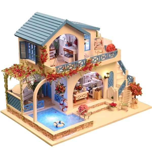 10 Tipos Casa de muñecas de bricolaje con muebles Niños Adultos Miniatura Casa de muñecas de madera Construcción Modelo Kits de construcción Casa de muñecas Juguete LJ200909