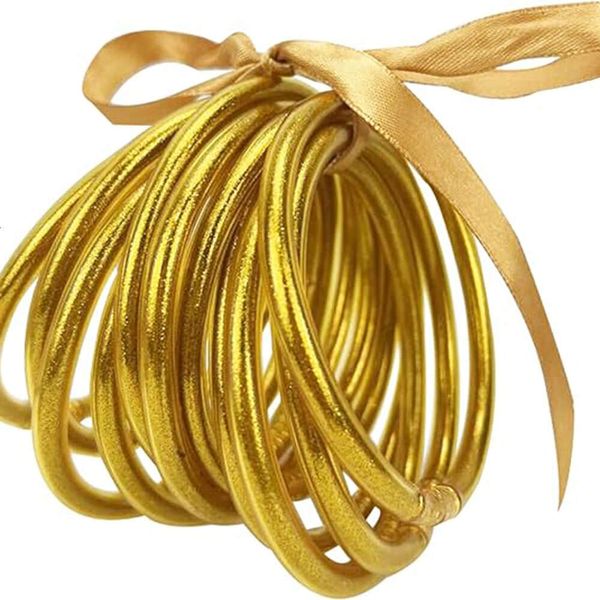 Nœud et ruban en poudre d'or à 10 couches mélangés avec un bracelet en silicone couleur bonbon brillant pour femme JELLY BANGLE