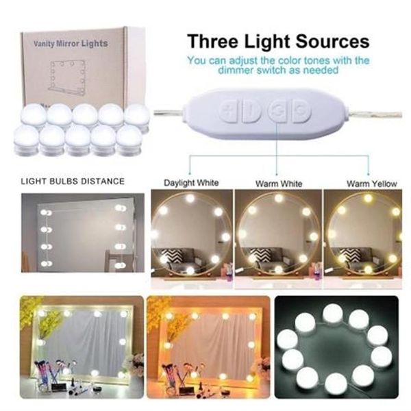 10 bombillas LED para espejo, luz de maquillaje, Kit de luces de espejo cosmético portátil superbrillantes, estilo IOLLYWOOD, maquillaje cargado por USB Up256O