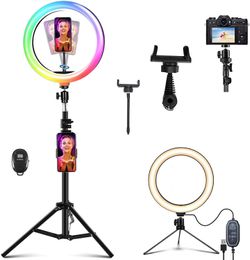 Anneau lumineux LED 25,4 cm avec support et support de téléphone, lumière RVB Selfie Halo pour photographie/maquillage/vlogging/diffusion en direct, compatible avec les téléphones