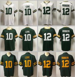 10 Love Stitched voetbalshirts 12 Aaron Rodgers Heren Dames Jeugd S-3XL groen wit thuisuitshirt
