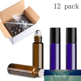 10 ml (1/5 oz) Flacon à bille en verre bleu ambré avec bille en acier inoxydable Sans BPA Bouchons noirs Compte-gouttes inclus