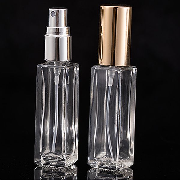 10 ml Botellas de vidrio cuadradas vacías Perfume Aerosoles transparentes Frasco Portátiles de viaje Frascos cosméticos con atomizador Botella de aerosol BH5437 TYJ