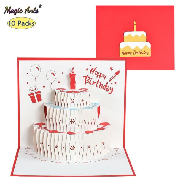 Paquet de 10 cartes cadeaux d'anniversaire PopUp gâteau joyeux anniversaire 3D pour enfants maman avec enveloppe cartes de voeux faites à la main 2207056952466