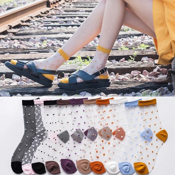 10 paires d'été cool en verre coloré chaussettes en soie femme arc-en-ciel point de style mince transparent cristal 240408