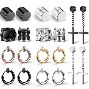 10 paren unisex mannen roestvrij staal niet-piercing magnetische stud oorbellen kruis hange hoepel oorbellen cz magneet clip op oorrang set315l