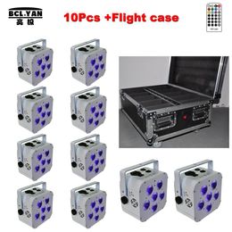 10 stks 1 fly case lot 6x18 W lithium batterij aangedreven draadloze dmx led verlichting wash uplights RGBAW UV245G