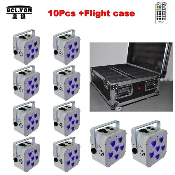 10 pcs 1 fly case lot 6x18W batterie au lithium alimenté sans fil dmx led lumières lavage uplights RGBAW UV179i