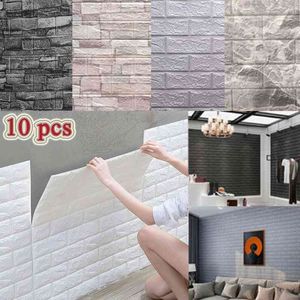 10 stks 3D zelfklevende paneel muurstickers waterdichte schuim tegel woonkamer TV achtergrond bescherming baby wallpaper 38 * 35cm 210705