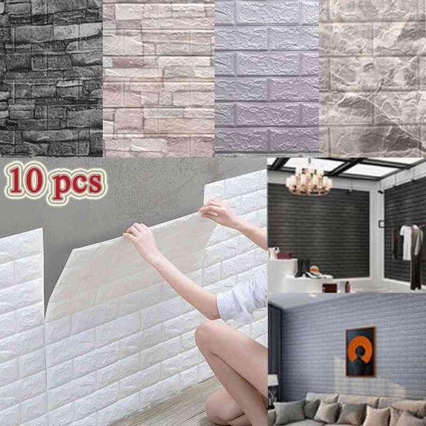 10 pièces 3D auto-adhésif panneau Stickers muraux étanche mousse carrelage salon TV fond Protection bébé papier peint 38*35cm 210705