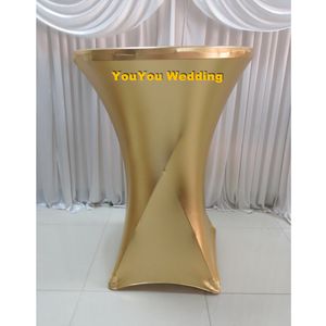 10 pièces livraison gratuite 80 cm Dia * 110 cm de haut doré métallique bronzant élastique Spandex Strech Cocktail Table couverture tissu