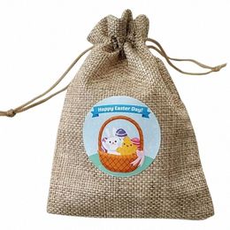 10 PCS Easter Burlap Goody Bags Eier Bunny Chick Sticker Treat Drawstring Linnenzakken voor Easter Party Favor Leverage P3SI#