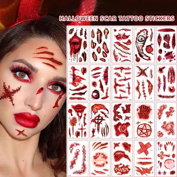 10 pièces Halloween Zombie cicatrices points de transfert d'eau sang faux sanglant tatouages temporaires Costume plaie imperméable maquillage 240122