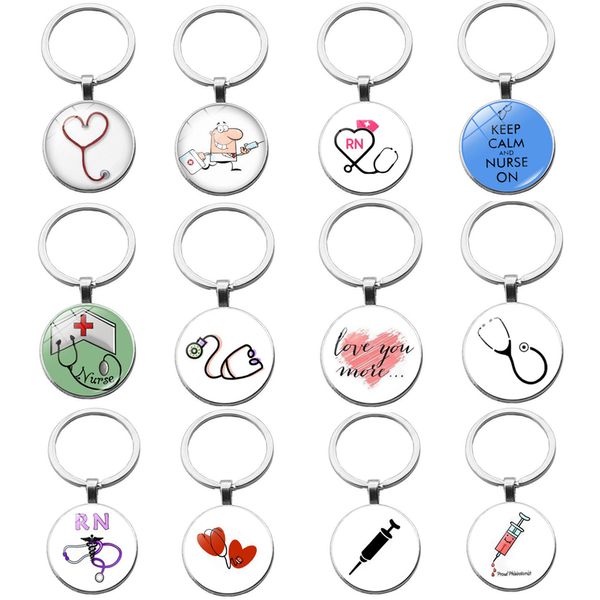 Porte-clés personnalisés en verre, symbole d'hôpital médical, stéthoscope, seringue RN, accessoires de travail pour infirmières et médecins, 10 pièces/lot