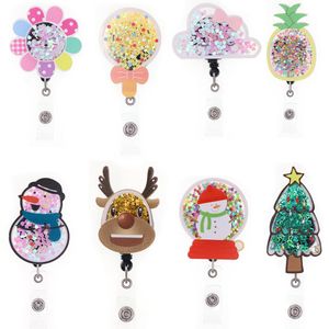 10 Stück/Los Mode-Schlüsselanhänger, individueller Weihnachtsbaum, Hirsch, glitzernd, aus Acryl, einziehbar, medizinischer Ausweishalter, Yo-Yo-Ziehrolle, Ärzte-ID-Namenskarte als Geschenk