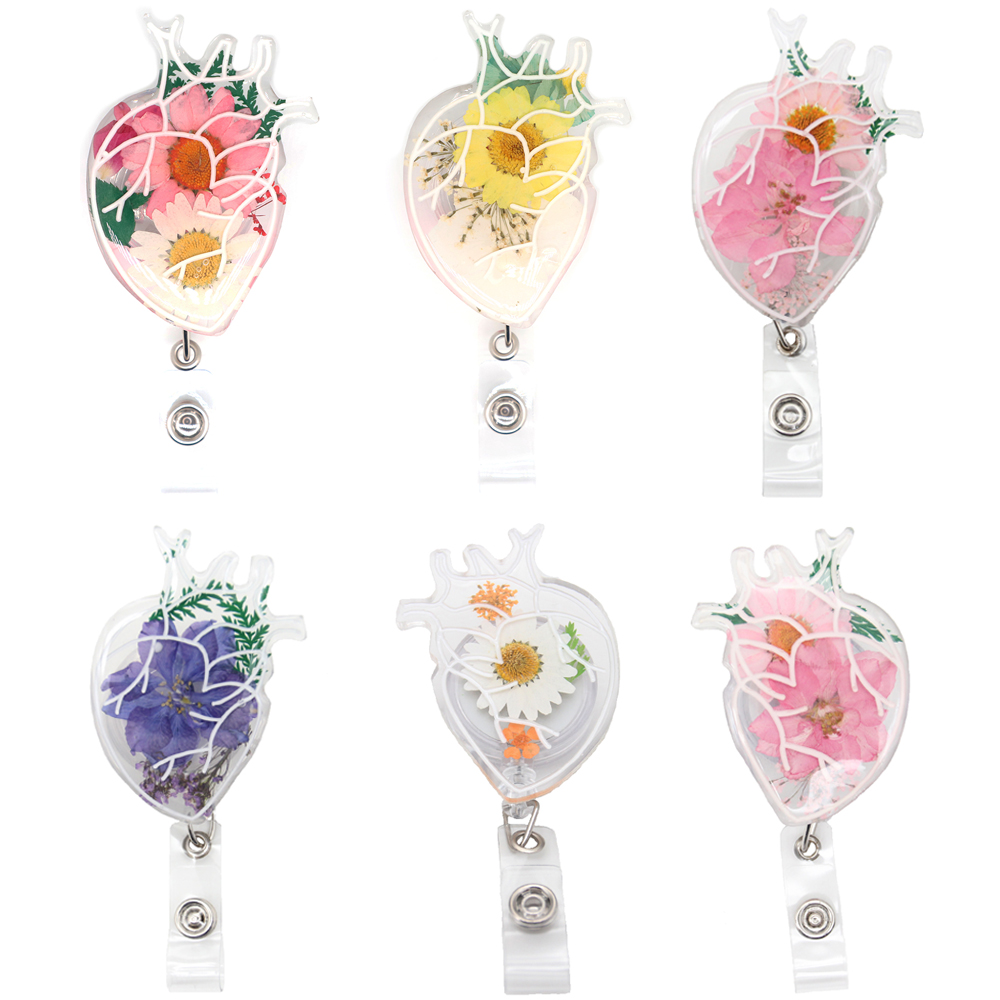 10 pcs/lot Fashion Key Rings Office Supplies Heart Shape Dried Flower Resin Badge Clip Retractable ID Name Tag Badge Reel For Nurse Doctor Student