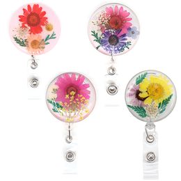 10 pièces/lot mode porte-clés forme ronde feuille séchée fleur plastique ID bobine pressée résine florale porte-Badge travail Badge cadeau pour infirmière accessoires