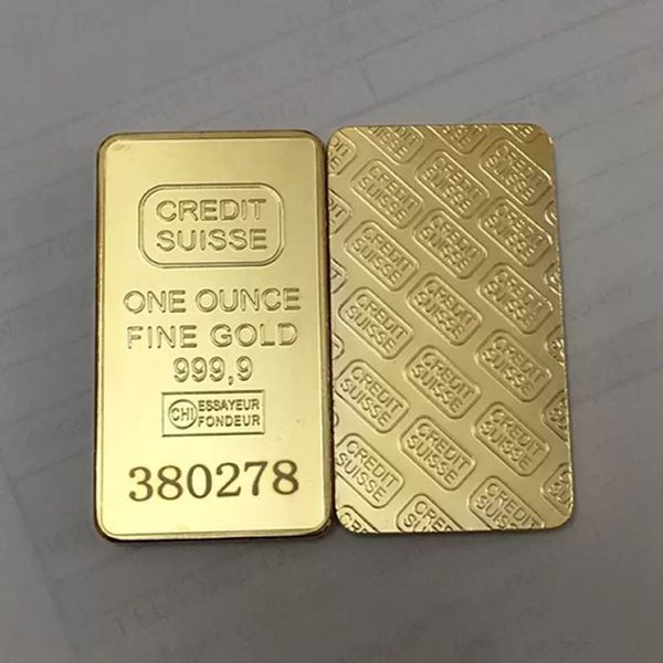 10 piezas CREDIT SUISSE no magnético 1 oz Barra de lingotes chapada en oro real Moneda de lingote de recuerdo suizo con diferente número de láser 50 x 28 m2787