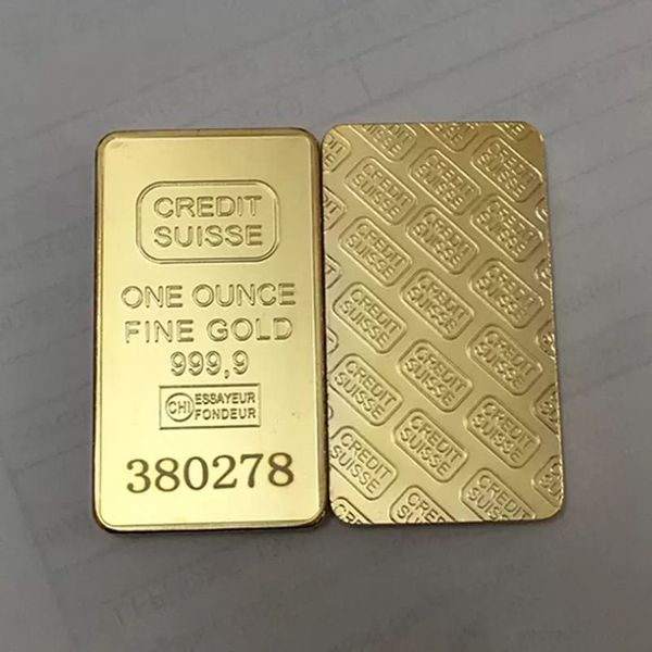 10 piezas CREDIT SUISSE no magnético 1 oz Barra de lingotes chapada en oro real Moneda de lingote de recuerdo suizo con diferente número de láser 50 x 28 m242Z