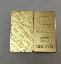 10 PCS Niet -magnetisch krediet Suisse Ingot 1oz Gold vergulde Bullion Bar Zwitsers Souvenir Coin Gift 50 x 28 mm met verschillende seriële Lase2673752