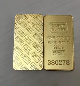 10 PCS Niet -magnetisch krediet Suisse Ingot 1oz Gold vergulde Bullion Bar Zwitsers Souvenir Coin Gift 50 x 28 mm met verschillende seriële Lase6083024