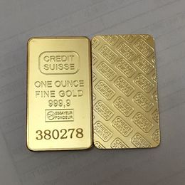 10 piezas Barra de lingotes suiza de crédito no magnético Insignia de lingote chapada en oro real de 1 OZ Monedas de 50 mm x 28 mm con número de serie diferente 20299f