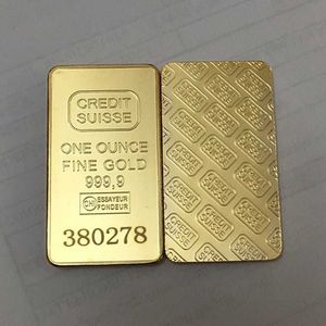 10 stuks niet-magnetische ingots 1oz vergulde bullion bar Zwitserse souvenirmunt cadeau 50 x 28 mm met verschillende seriële lasernummer225u