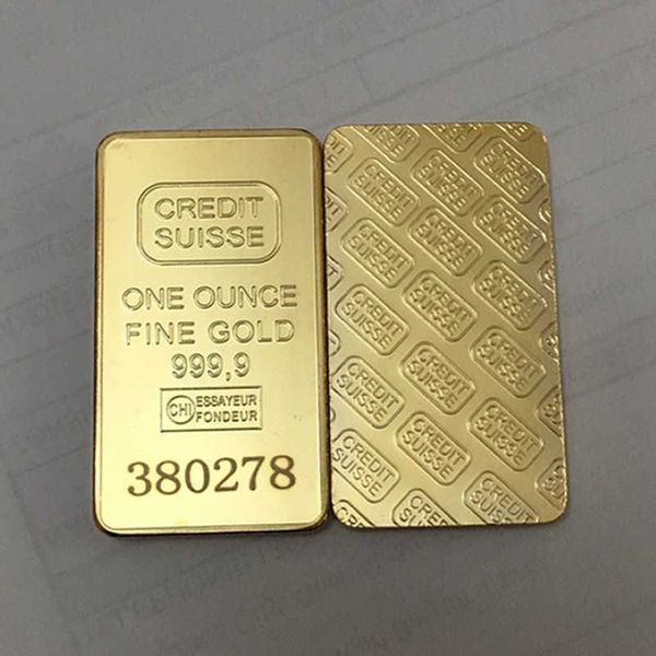 Lingote no magnético de 10 piezas, barra de lingote chapada en oro de 1 oz, regalo de moneda de recuerdo suizo, 50 x 28 mm con diferente número de serie láser 2619