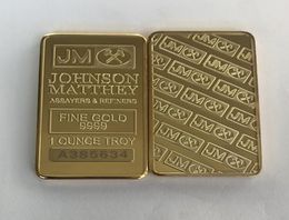 10 PCS no magnético Johnson Matthey Barra de oro plateado Silver 50 mm x 28 mm 1 oz Barra de decoración de monedas JM con diferentes láser serial N9038196