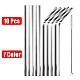 10 PCS Paies réutilisables en acier inoxydable Ensemble avec brosse plus propre Party Cocktail Métal Paille de consommation pour les accessoires de bar de cuisine 240327