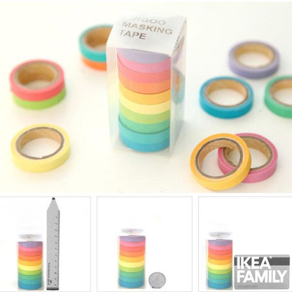 10 pièces/ensemble arc-en-ciel couleur unie japonais masquage Washi rubans papier collant ruban adhésif impression bricolage Scrapbooking 2016 décor Washi rubans