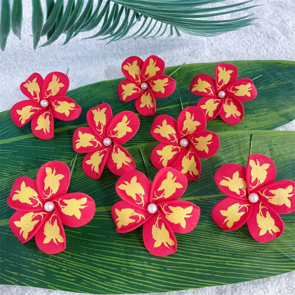 10 pcs / ensemble épingle à cheveux à fleurs rouges avec oiseau de paradis bâton de cheveux imprimé pour femmes 9 cm Hibiscus avec accessoires de cheveux de la fête perle