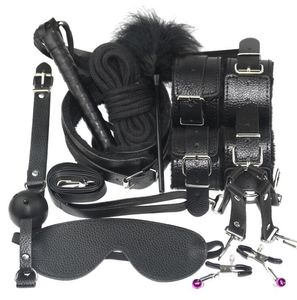 10 pièces/ensemble produits sexuels jouets érotiques pour adultes BDSM sexe Bondage ensemble menottes pinces à mamelon Gag fouet corde jouets sexuels pour Couples