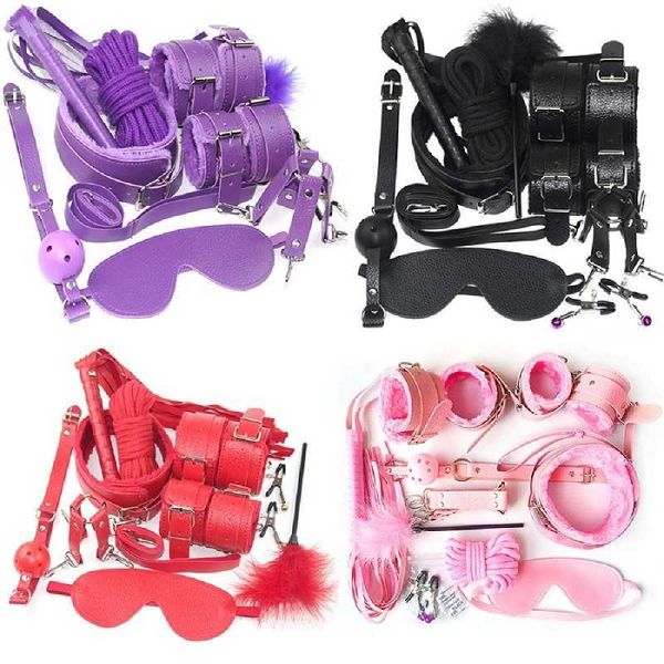 10 unids/set de lencería Sexy de cuero PU bdsm, juego de Bondage, puños de mano, puños, látigo, cuerda, venda para los ojos, juguetes eróticos para parejas