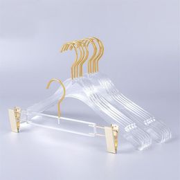 10 piezas de suspensión de trajes de ropa de cristal acrílico transparente de grado superior con gancho dorado Perchas de pantalones de acrílico transparente con clips dorados 2012203g