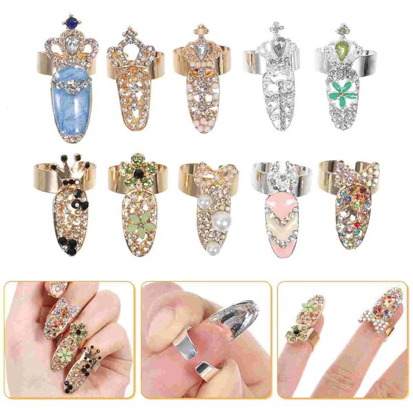 10 pièces Vintage ouvert ongles ensemble femmes strass pour ongles bagues alliage cristal Kit 240301