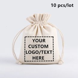 10 PcsLot impression sacs à cordon en lin pour la fête de Noël mariage pochettes en coton personnalisées de haute qualité personnaliser les sacs 240106