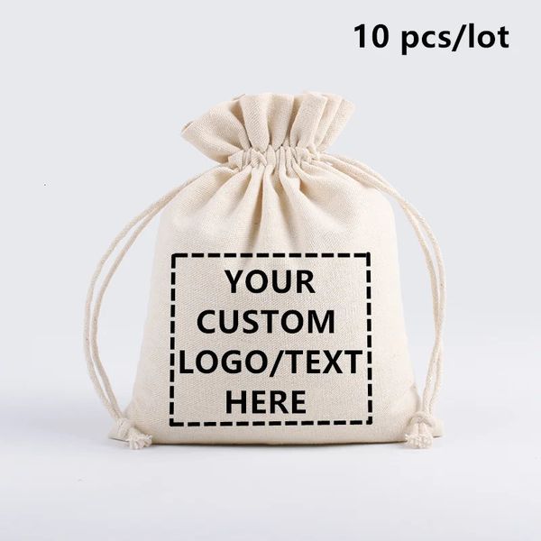 10 PcsLot Impresión de bolsas de lino con cordón para la fiesta de Navidad Boda Bolsas de algodón personalizadas de alta calidad Personalizar sacos 240106