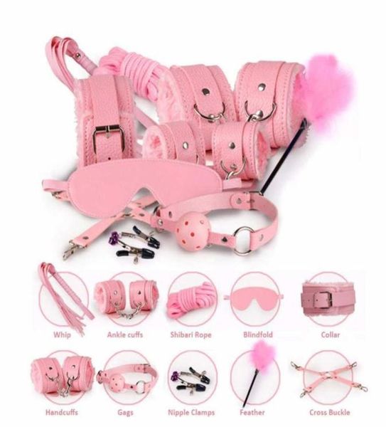 10 pièces en cuir PU BDSM sexe Bondage équipement ensemble pied fouet corde bandeau flirtant érotique jouets sexuels pour les Couples X06211463119