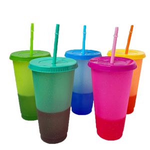 Célébrité Web Tik Tok 10 pièces Nouveau changement de couleur de gobelet de couleur flash créatif à froid grande tasse en plastique avec paille logo bricolage peut être personnalisé