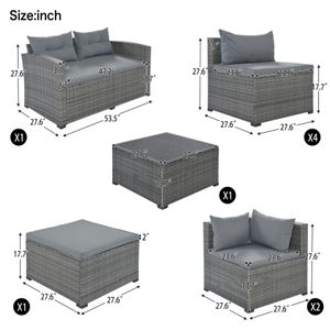10-delige patio rattan pe rieten meubels hoekbank set, sectionele bankstoel, zitplaatsen, liegen (zwarte rieten, beige /grijze cushio