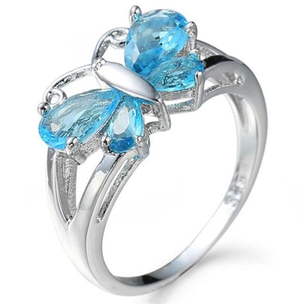 10 piezas 1 lote LuckyShine azul Topacio Rojo 925 anillos de mariposa de plata esterlina conjuntos mujeres anillos de circonia cúbica regalo de vacaciones 299O