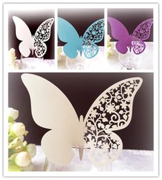 10 pièces / lot Butterfly Laser Coup Paper Place Card / Carte d'escorte / carte de tasse / carte de verre à vin pour décoration de fête de mariage